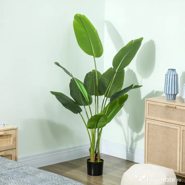 Plantă Artificială HOMCOM de 160 cm cu 10 Frunze Verzi din PEVA și Vas de Ø16.5x13.5 cm