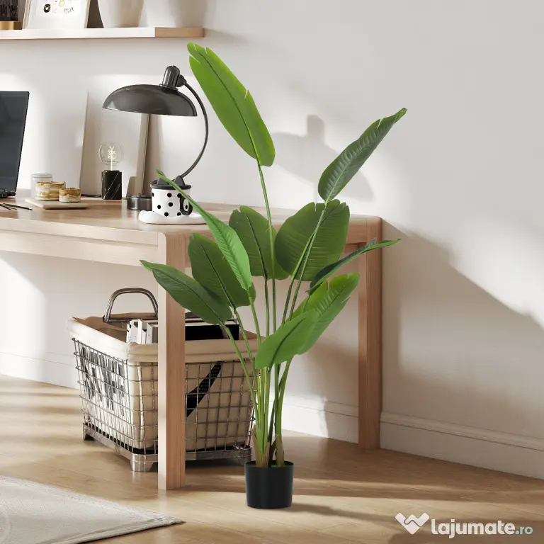 Plantă Artificială HOMCOM de 160 cm cu 10 Frunze Verzi din PEVA și Vas de Ø16.5x13.5 cm