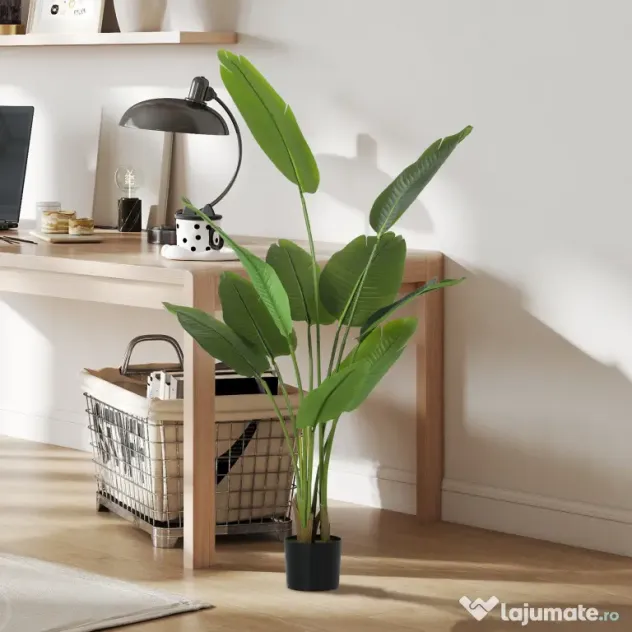 Plantă Artificială HOMCOM de 160 cm cu 10 Frunze Verzi din PEVA și Vas de Ø16.5x13.5 cm
