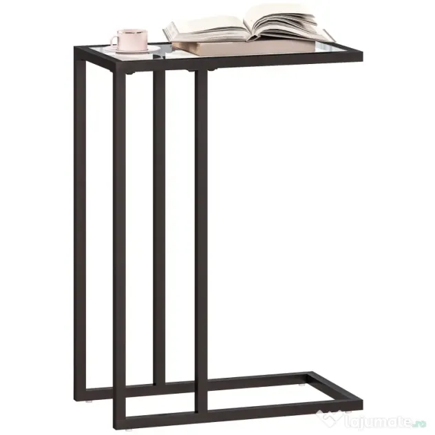 HOMCOM Măsuță de Cafea în Formă de C din Sticlă și Oțel, 46x25x63.5 cm, Negru | Aosom Romania