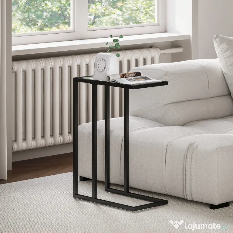 HOMCOM Măsuță de Cafea în Formă de C din Sticlă și Oțel, 46x25x63.5 cm, Negru | Aosom Romania