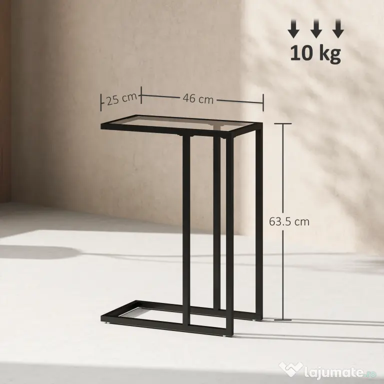 HOMCOM Măsuță de Cafea în Formă de C din Sticlă și Oțel, 46x25x63.5 cm, Negru | Aosom Romania