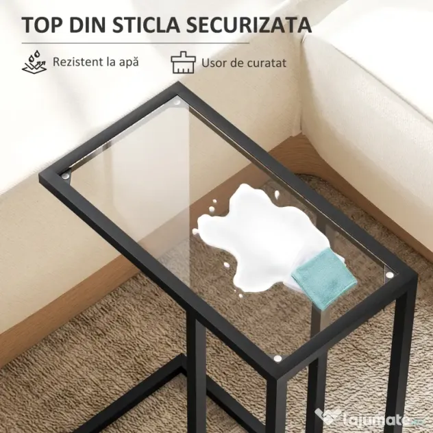 HOMCOM Măsuță de Cafea în Formă de C din Sticlă și Oțel, 46x25x63.5 cm, Negru | Aosom Romania