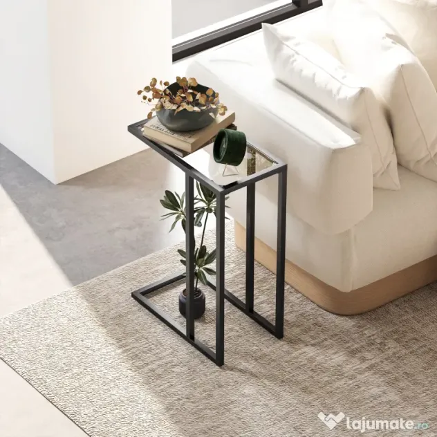 HOMCOM Măsuță de Cafea în Formă de C din Sticlă și Oțel, 46x25x63.5 cm, Negru | Aosom Romania