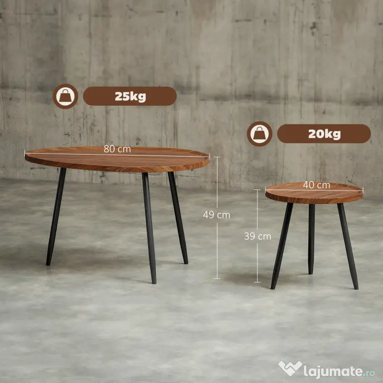 HOMCOM Set de 2 Măsuțe de Cafea Suprapunabile din Lemn și Metal | Aosom Romania