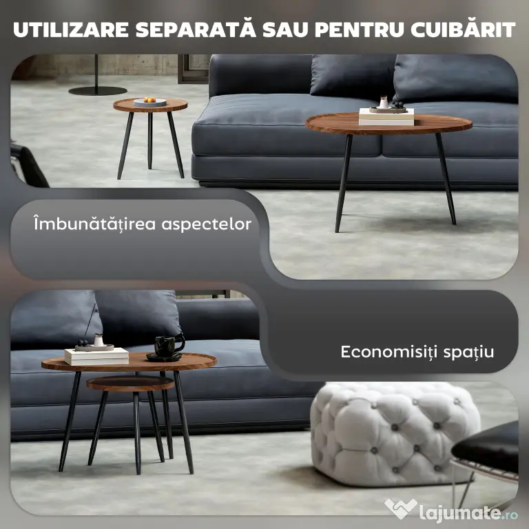 HOMCOM Set de 2 Măsuțe de Cafea Suprapunabile din Lemn și Metal | Aosom Romania
