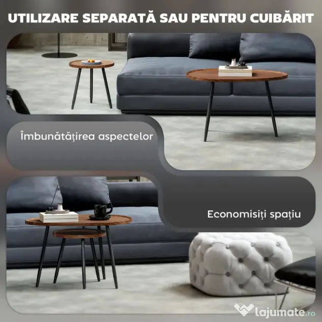 HOMCOM Set de 2 Măsuțe de Cafea Suprapunabile din Lemn și Metal | Aosom Romania