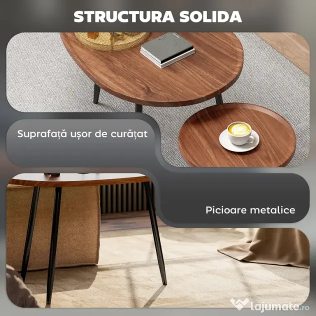 HOMCOM Set de 2 Măsuțe de Cafea Suprapunabile din Lemn și Metal | Aosom Romania