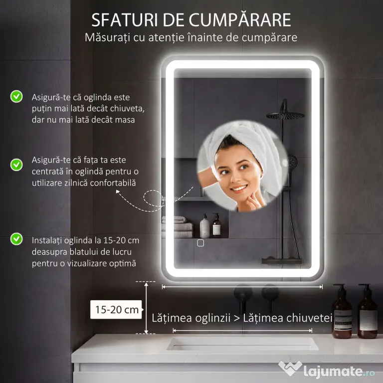 kleankin Oglinda pentru baie cu lumini LED, 70 x 50 cm | Aosom Romania