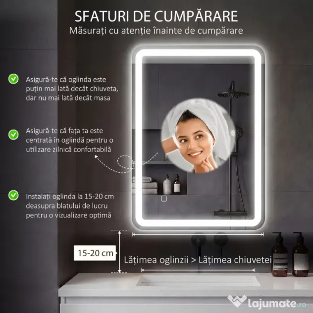 kleankin Oglinda pentru baie cu lumini LED, 70 x 50 cm | Aosom Romania