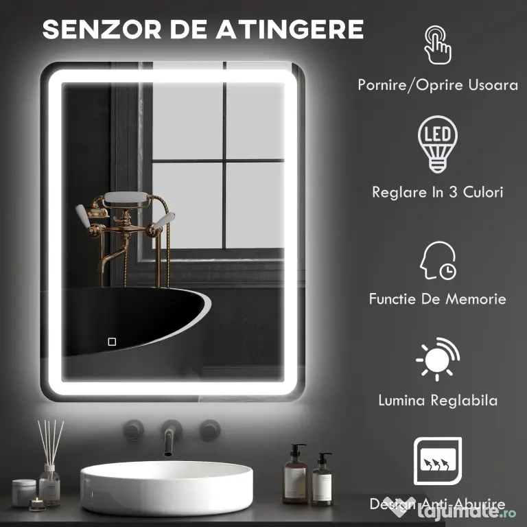 kleankin Oglinda pentru baie cu lumini LED, 70 x 50 cm | Aosom Romania