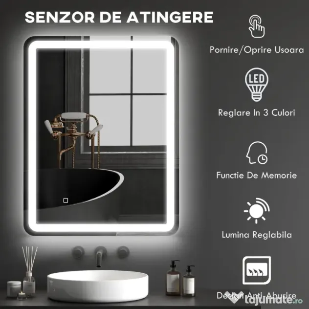 kleankin Oglinda pentru baie cu lumini LED, 70 x 50 cm | Aosom Romania