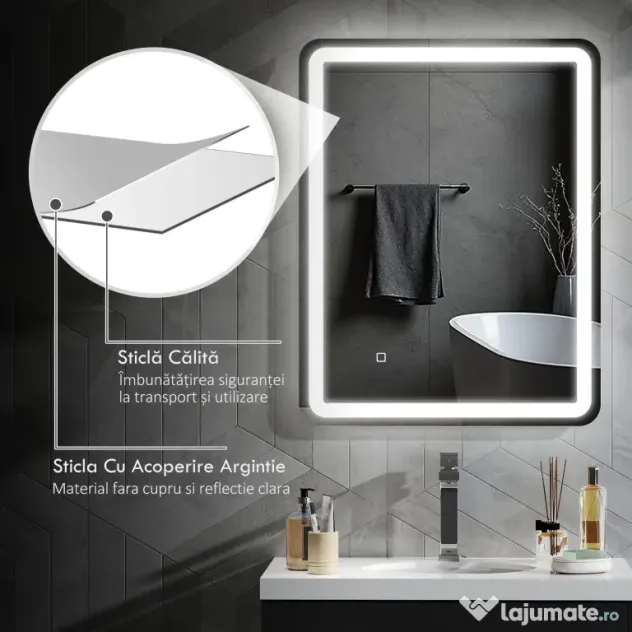 kleankin Oglinda pentru baie cu lumini LED, 70 x 50 cm | Aosom Romania
