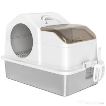 PawHut Litteră Închisă pentru Pisici cu 2 Covorașe și Mâner, Alb și Argintiu | Aosom Romania