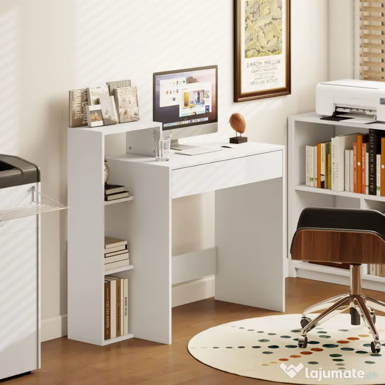 HOMCOM Compact Computer Desk with 3 Storage Shelves and Drawer, Space Saving Writing Desk, Study Table for Home Office, 110 x 40 x 92 cm, White | Aosom Romania