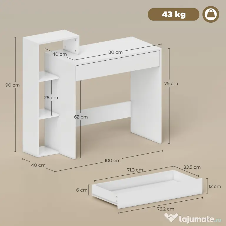 HOMCOM Compact Computer Desk with 3 Storage Shelves and Drawer, Space Saving Writing Desk, Study Table for Home Office, 110 x 40 x 92 cm, White | Aosom Romania