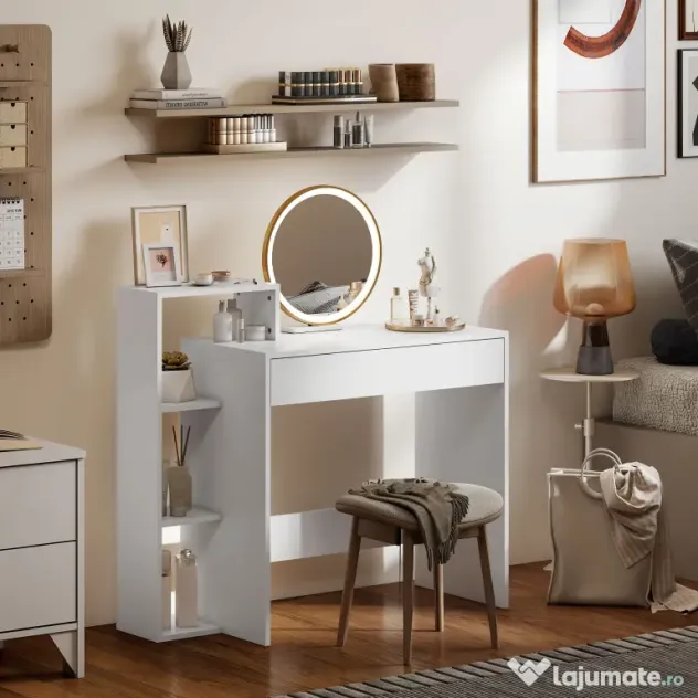 HOMCOM Compact Computer Desk with 3 Storage Shelves and Drawer, Space Saving Writing Desk, Study Table for Home Office, 110 x 40 x 92 cm, White | Aosom Romania