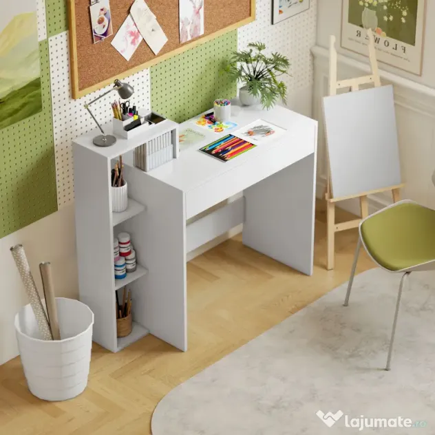 HOMCOM Compact Computer Desk with 3 Storage Shelves and Drawer, Space Saving Writing Desk, Study Table for Home Office, 110 x 40 x 92 cm, White | Aosom Romania