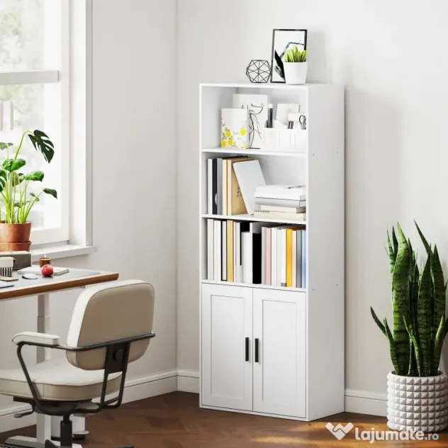 HOMCOM Bibliotecă cu Rafturi Deschise și Dulap cu Raft Reglabil Alb | Aosom Romania