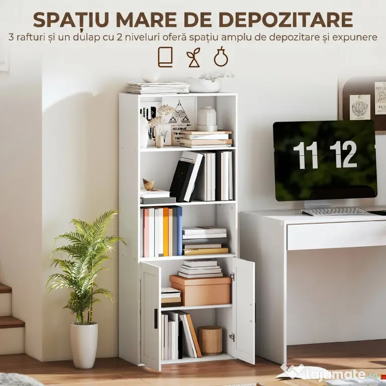 HOMCOM Bibliotecă cu Rafturi Deschise și Dulap cu Raft Reglabil Alb | Aosom Romania