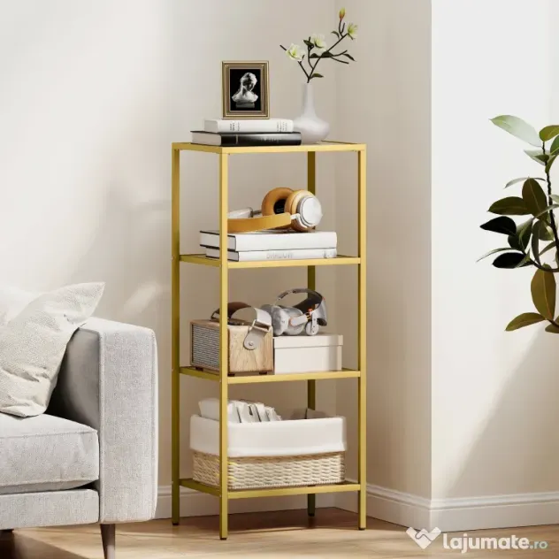 HOMCOM Unitate de Rafturi cu 4 Nivele, Raft de Sticlă, Raft de Stocare Vertical pentru Sufragerie, Birou Acasă, Dormitor, Baie, Tonuri de Aur | Aosom Romania