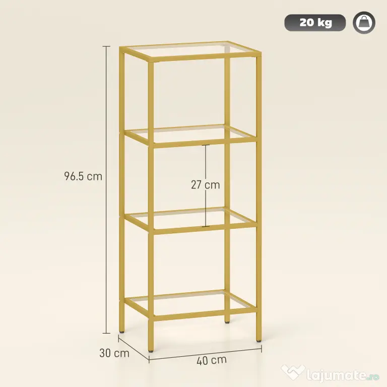 HOMCOM Unitate de Rafturi cu 4 Nivele, Raft de Sticlă, Raft de Stocare Vertical pentru Sufragerie, Birou Acasă, Dormitor, Baie, Tonuri de Aur | Aosom Romania