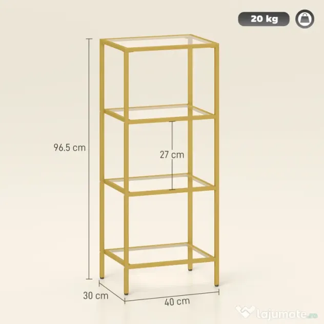 HOMCOM Unitate de Rafturi cu 4 Nivele, Raft de Sticlă, Raft de Stocare Vertical pentru Sufragerie, Birou Acasă, Dormitor, Baie, Tonuri de Aur | Aosom Romania