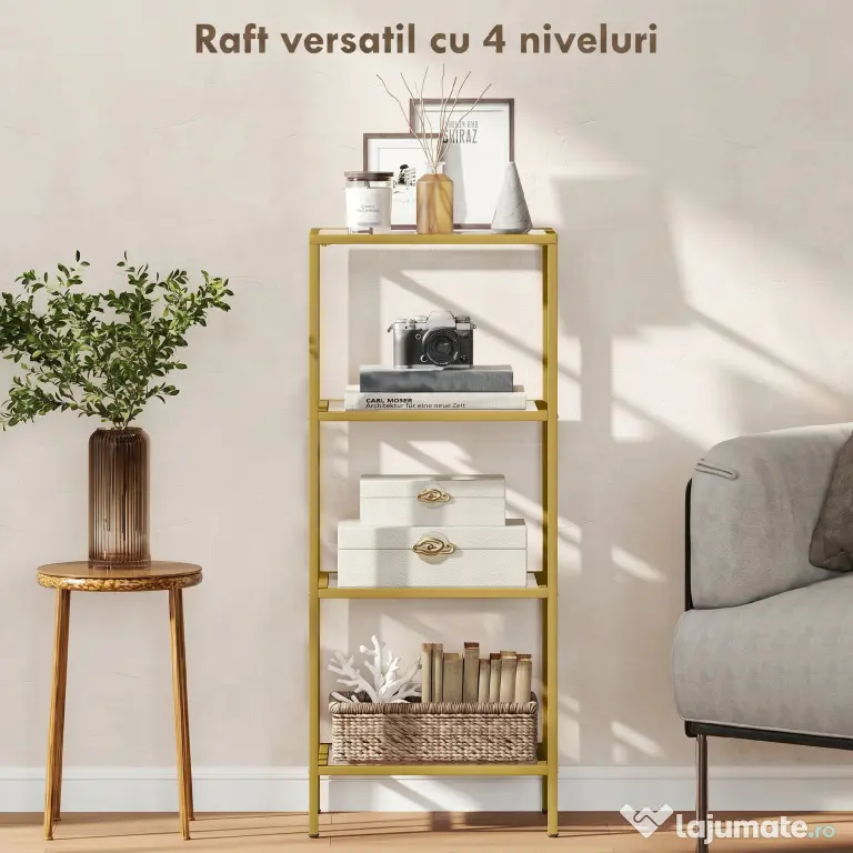 HOMCOM Unitate de Rafturi cu 4 Nivele, Raft de Sticlă, Raft de Stocare Vertical pentru Sufragerie, Birou Acasă, Dormitor, Baie, Tonuri de Aur | Aosom Romania