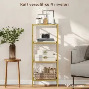 HOMCOM Unitate de Rafturi cu 4 Nivele, Raft de Sticlă, Raft de Stocare Vertical pentru Sufragerie, Birou Acasă, Dormitor, Baie, Tonuri de Aur | Aosom Romania