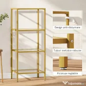 HOMCOM Unitate de Rafturi cu 4 Nivele, Raft de Sticlă, Raft de Stocare Vertical pentru Sufragerie, Birou Acasă, Dormitor, Baie, Tonuri de Aur | Aosom Romania