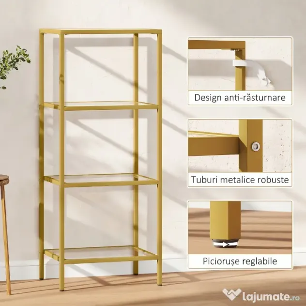 HOMCOM Unitate de Rafturi cu 4 Nivele, Raft de Sticlă, Raft de Stocare Vertical pentru Sufragerie, Birou Acasă, Dormitor, Baie, Tonuri de Aur | Aosom Romania