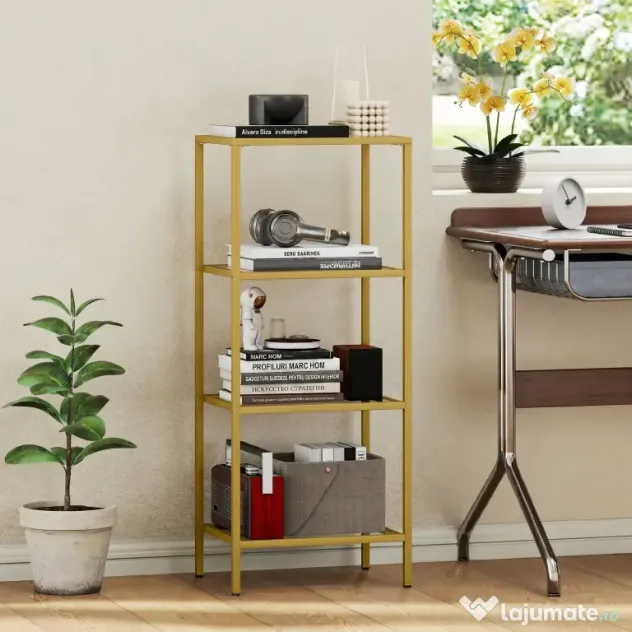HOMCOM Unitate de Rafturi cu 4 Nivele, Raft de Sticlă, Raft de Stocare Vertical pentru Sufragerie, Birou Acasă, Dormitor, Baie, Tonuri de Aur | Aosom Romania