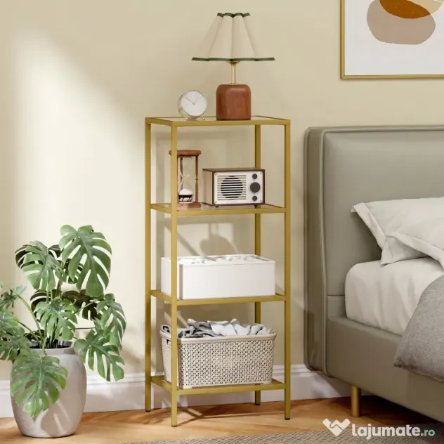 HOMCOM Unitate de Rafturi cu 4 Nivele, Raft de Sticlă, Raft de Stocare Vertical pentru Sufragerie, Birou Acasă, Dormitor, Baie, Tonuri de Aur | Aosom Romania