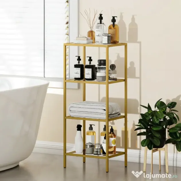 HOMCOM Unitate de Rafturi cu 4 Nivele, Raft de Sticlă, Raft de Stocare Vertical pentru Sufragerie, Birou Acasă, Dormitor, Baie, Tonuri de Aur | Aosom Romania