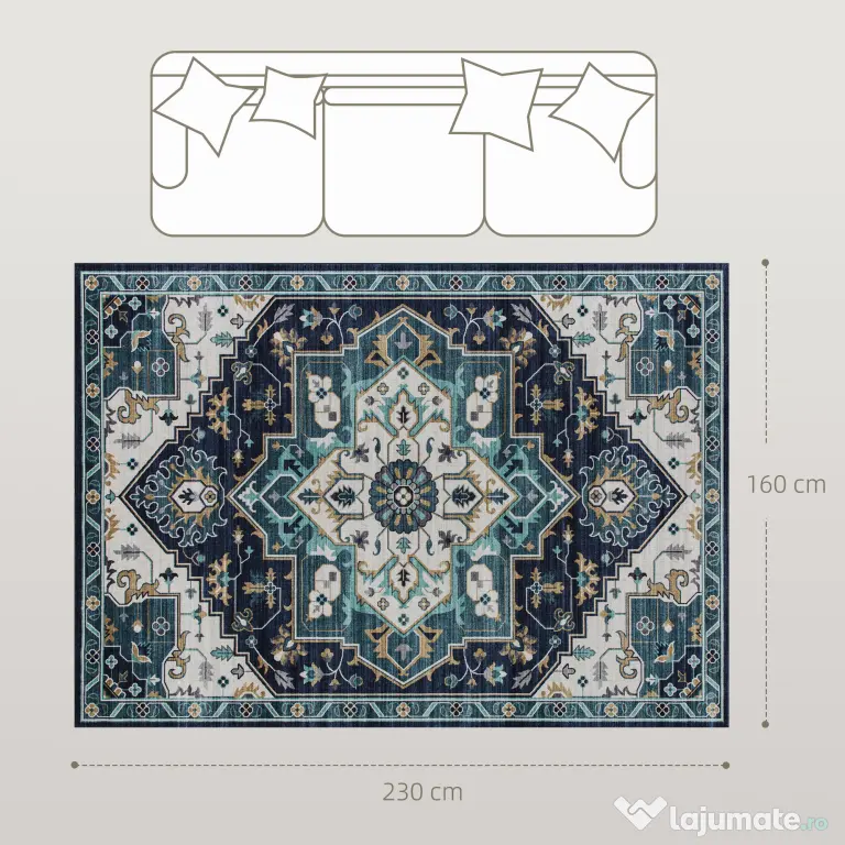 HOMCOM Covor Boho Antiderapant și Lavabil, Scurt, pentru Living și Cameră, 230x160 cm, Multicolor