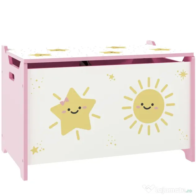 AIYAPLAY Cutie pentru Jucării cu Capac, Balama de Siguranță și Mânere Groove, Organizator pentru Depozitarea Jucăriilor pentru Copii, Camera de Zi, Sala de Joacă, Roz | Aosom Romania