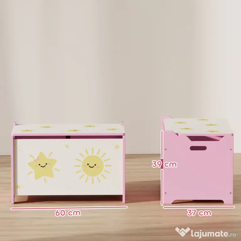 AIYAPLAY Cutie pentru Jucării cu Capac, Balama de Siguranță și Mânere Groove, Organizator pentru Depozitarea Jucăriilor pentru Copii, Camera de Zi, Sala de Joacă, Roz | Aosom Romania