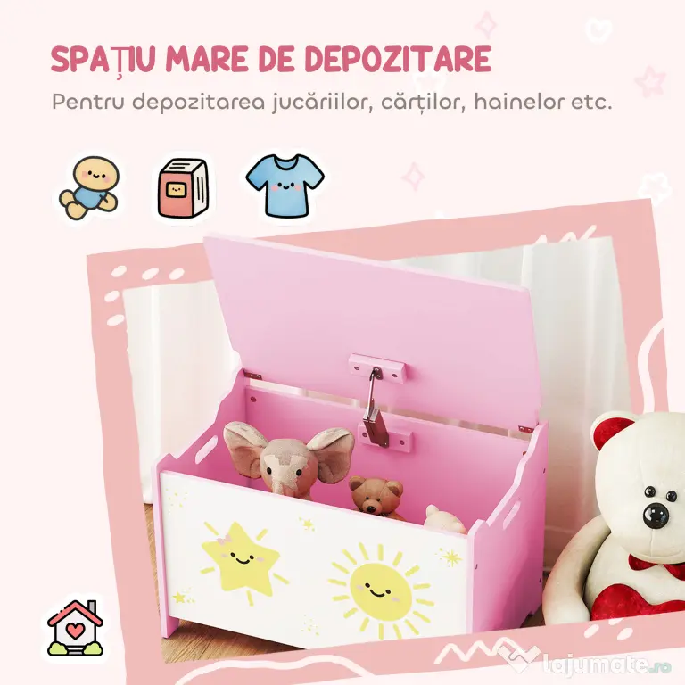 AIYAPLAY Cutie pentru Jucării cu Capac, Balama de Siguranță și Mânere Groove, Organizator pentru Depozitarea Jucăriilor pentru Copii, Camera de Zi, Sala de Joacă, Roz | Aosom Romania