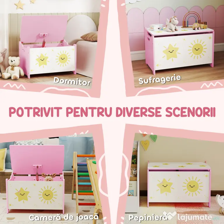 AIYAPLAY Cutie pentru Jucării cu Capac, Balama de Siguranță și Mânere Groove, Organizator pentru Depozitarea Jucăriilor pentru Copii, Camera de Zi, Sala de Joacă, Roz | Aosom Romania
