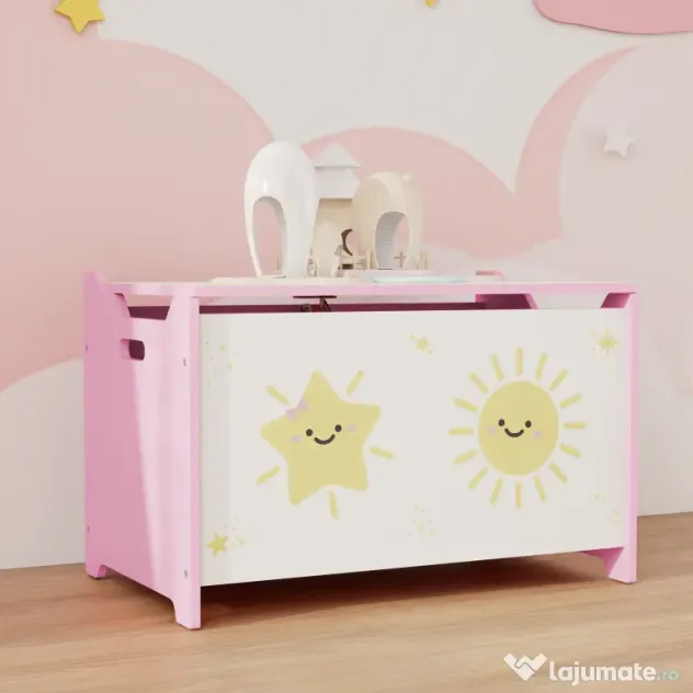AIYAPLAY Cutie pentru Jucării cu Capac, Balama de Siguranță și Mânere Groove, Organizator pentru Depozitarea Jucăriilor pentru Copii, Camera de Zi, Sala de Joacă, Roz | Aosom Romania