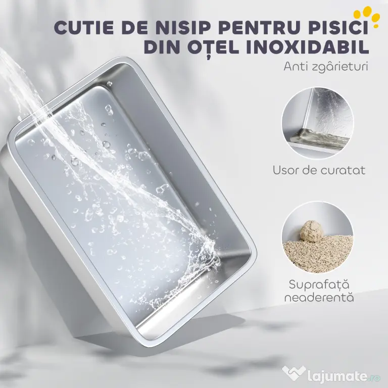 PawHut Extra Large din Oțel Inoxidabil, Litieră pentru Pisici cu Lopățică, Capac Rabatabil | Aosom Romania