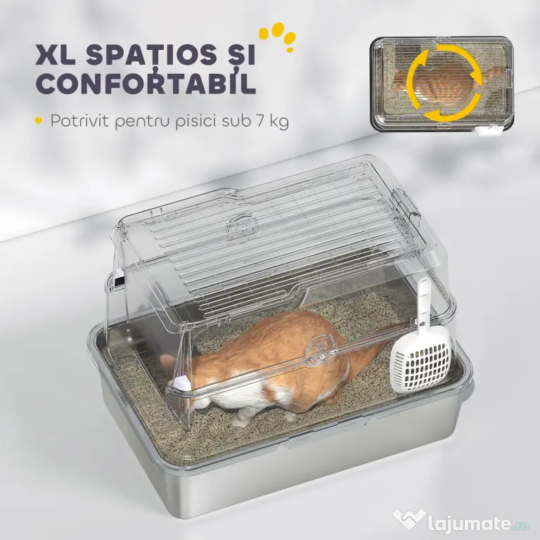 PawHut Extra Large din Oțel Inoxidabil, Litieră pentru Pisici cu Lopățică, Capac Rabatabil | Aosom Romania