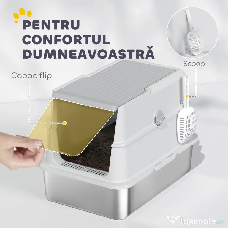 PawHut Extra Large din Oțel Inoxidabil, Litieră pentru Pisici cu Lopățică, Capac Rabatabil | Aosom Romania