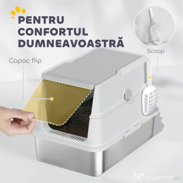 PawHut Extra Large din Oțel Inoxidabil, Litieră pentru Pisici cu Lopățică, Capac Rabatabil | Aosom Romania