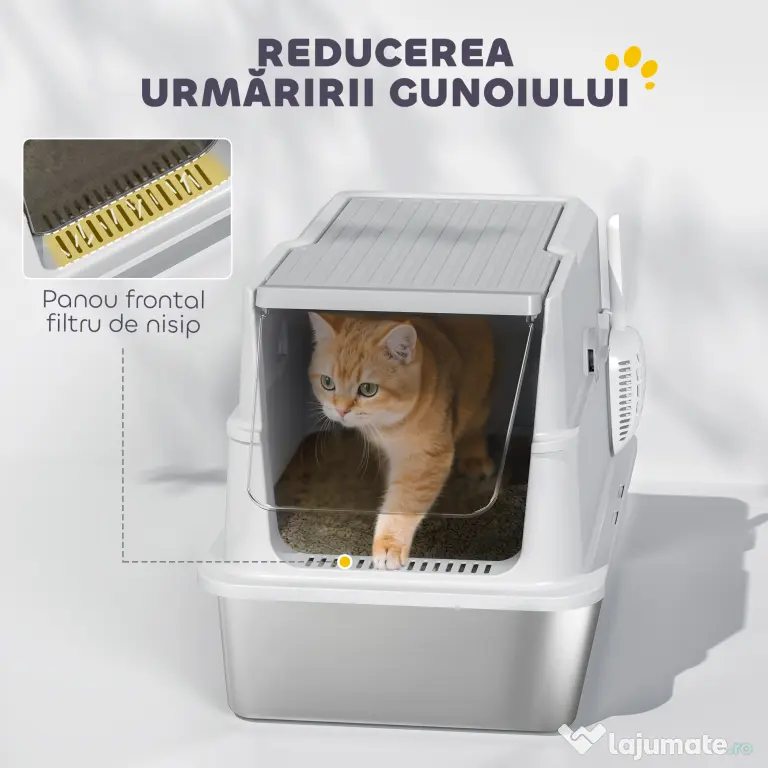 PawHut Extra Large din Oțel Inoxidabil, Litieră pentru Pisici cu Lopățică, Capac Rabatabil | Aosom Romania