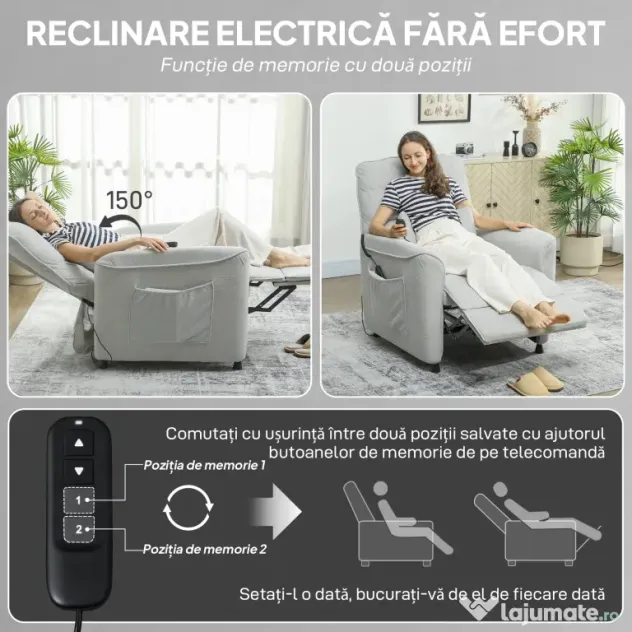 HOMCOM Fotoliu Relax Electric cu Masaj și Încălzire, Silențios, Reclinabil 150° în Cinilă cu Pernă, Funcție de Memorie, 2 Telecomenzi, Suport pentru Picioare pentru Living și Birou, Gri | Aosom Romania