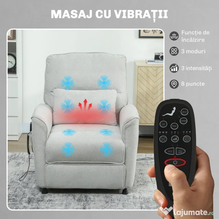 HOMCOM Fotoliu Relax Electric cu Masaj și Încălzire, Silențios, Reclinabil 150° în Cinilă cu Pernă, Funcție de Memorie, 2 Telecomenzi, Suport pentru Picioare pentru Living și Birou, Gri | Aosom Romania