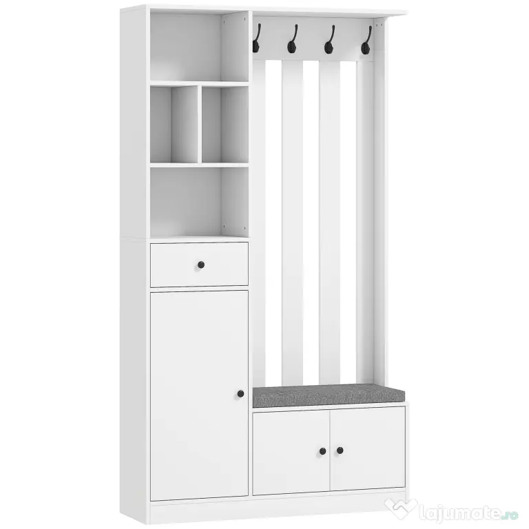 HOMCOM Cuier 180 cm cu Bancă pentru Pantofi, Soluție 4-în-1 cu Raft Reglabil, 4 Agățători și Compartimente Deschise, pentru Hol sau Living, Alb | Aosom Romania