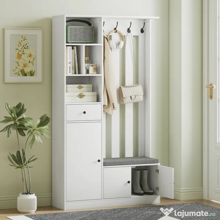 HOMCOM Cuier 180 cm cu Bancă pentru Pantofi, Soluție 4-în-1 cu Raft Reglabil, 4 Agățători și Compartimente Deschise, pentru Hol sau Living, Alb | Aosom Romania
