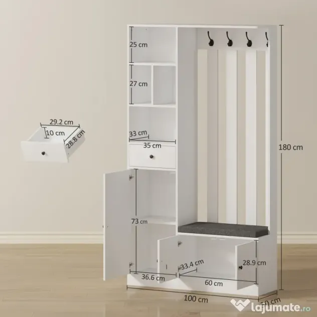HOMCOM Cuier 180 cm cu Bancă pentru Pantofi, Soluție 4-în-1 cu Raft Reglabil, 4 Agățători și Compartimente Deschise, pentru Hol sau Living, Alb | Aosom Romania